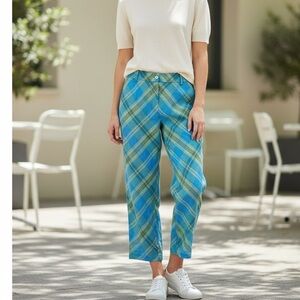 Vintage St. John Sport Size 12 Green Blue Plaid Print Linen Golf Capri Pants